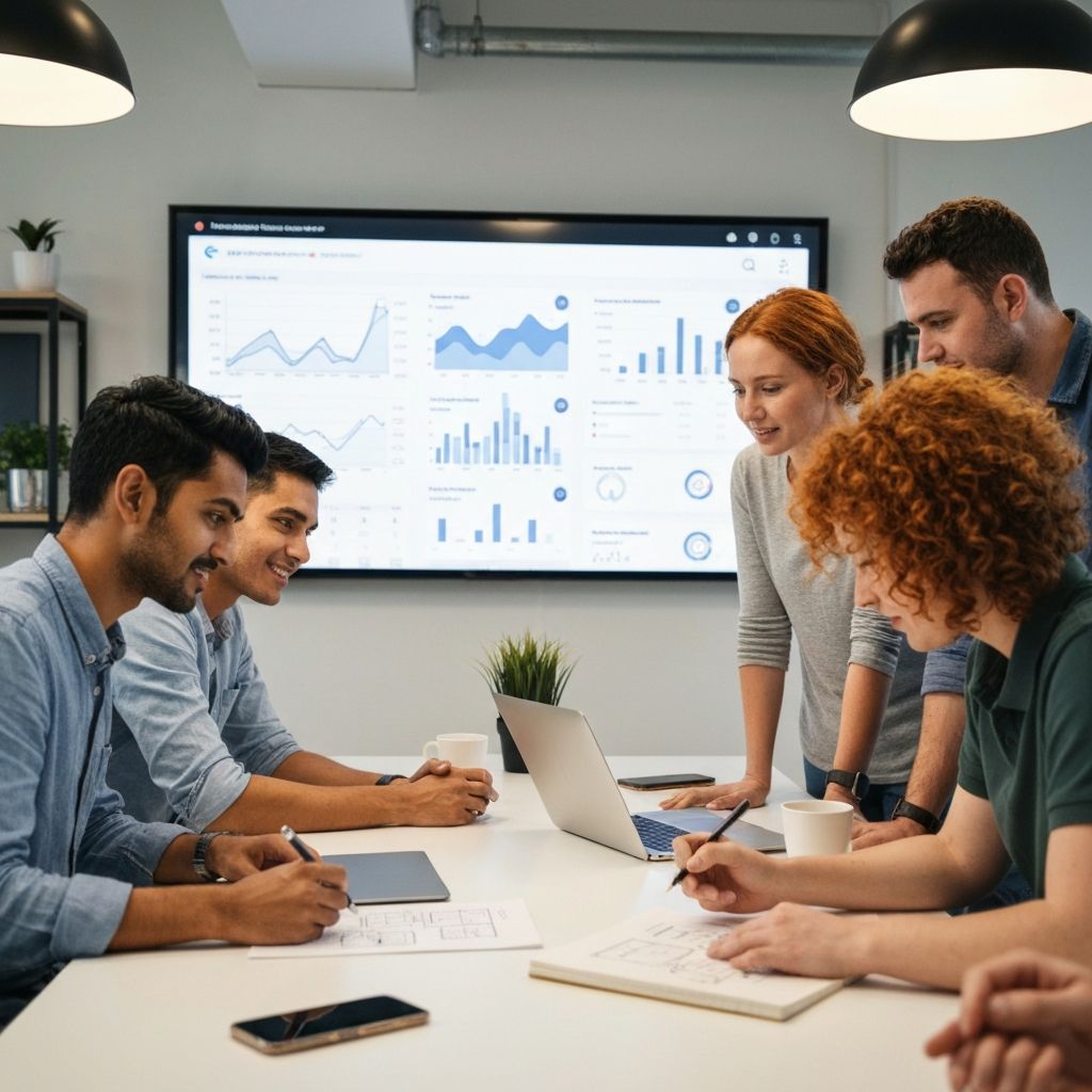 A team reviewing their AI product dashboard in a meeting room with post-it notes