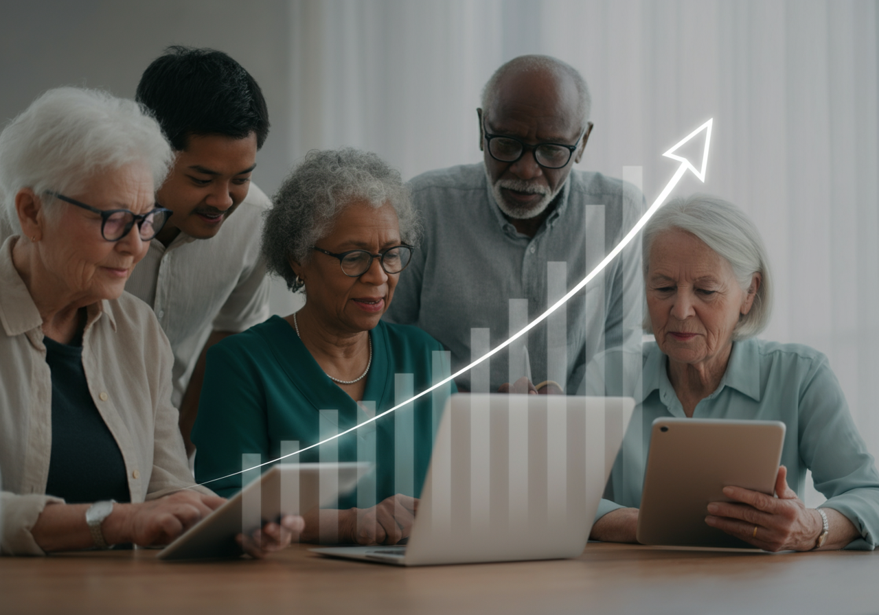 Diverse group of seniors collaborating with technology, showing successful digital adoption with upward trending growth chart