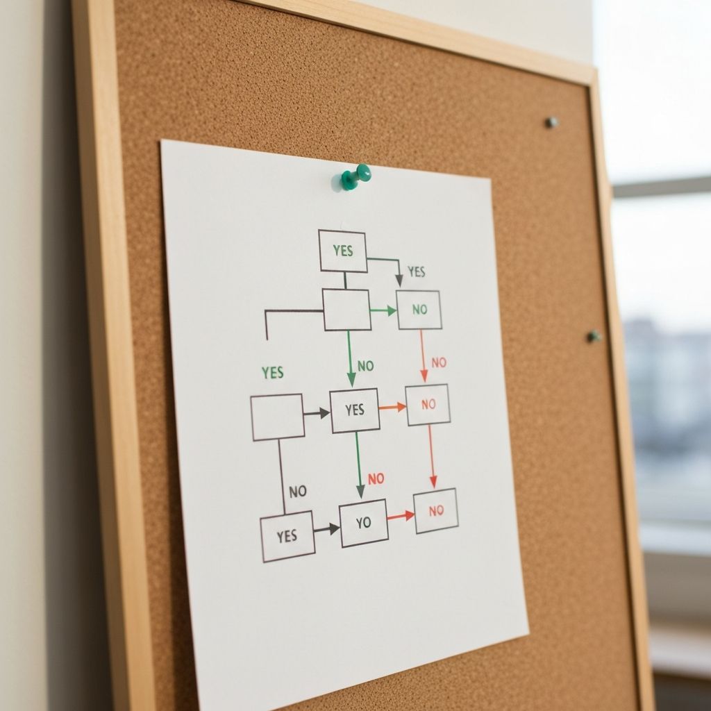 A simple flowchart decision tree pinned to an office board with colour-coded yes and no paths