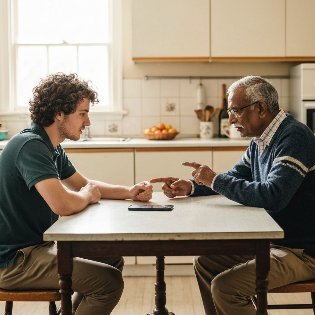 A researcher listening to an older man explain his experience with a phone app