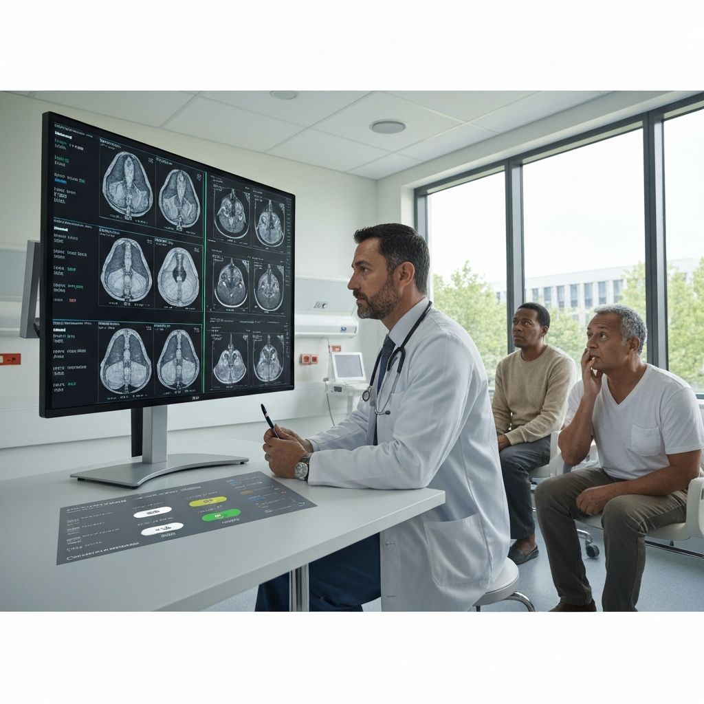 A doctor reviewing high-risk AI diagnostic results on a screen while a patient waits nearby