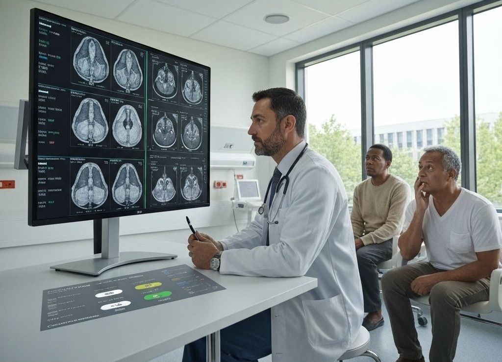 A doctor reviewing high-risk AI diagnostic results on a screen while colleagues look on