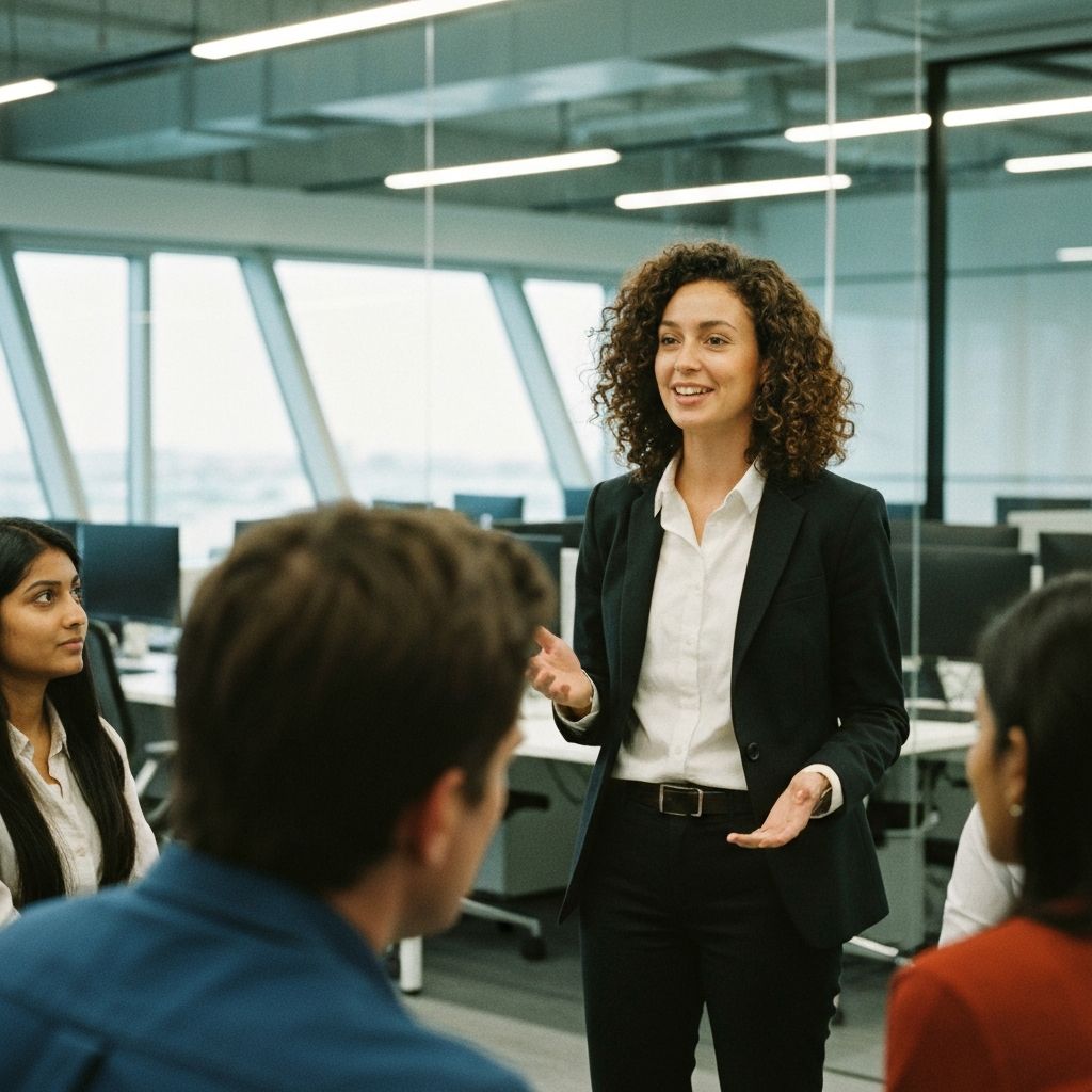 A woman presenting a simple AI risk assessment report to executives on a large screen