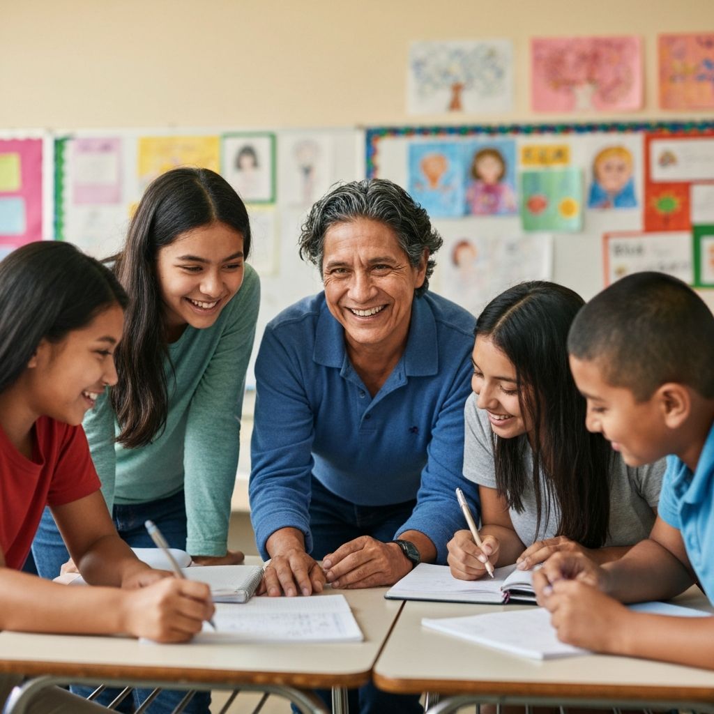 Students using an AI tutoring chatbot on a laptop, guided by their teacher