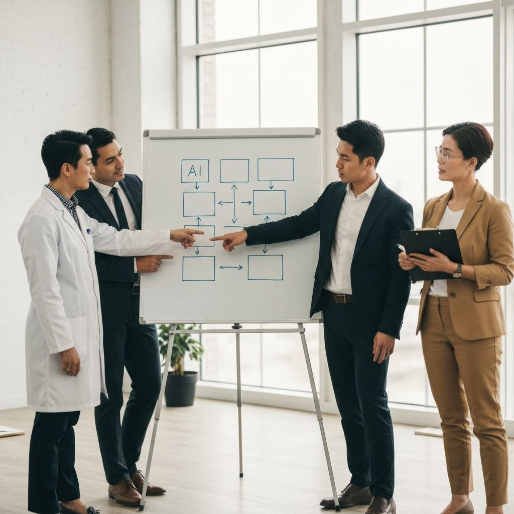 A diverse team of engineers, legal experts, and designers collaborating around a whiteboard showing an AI pipeline