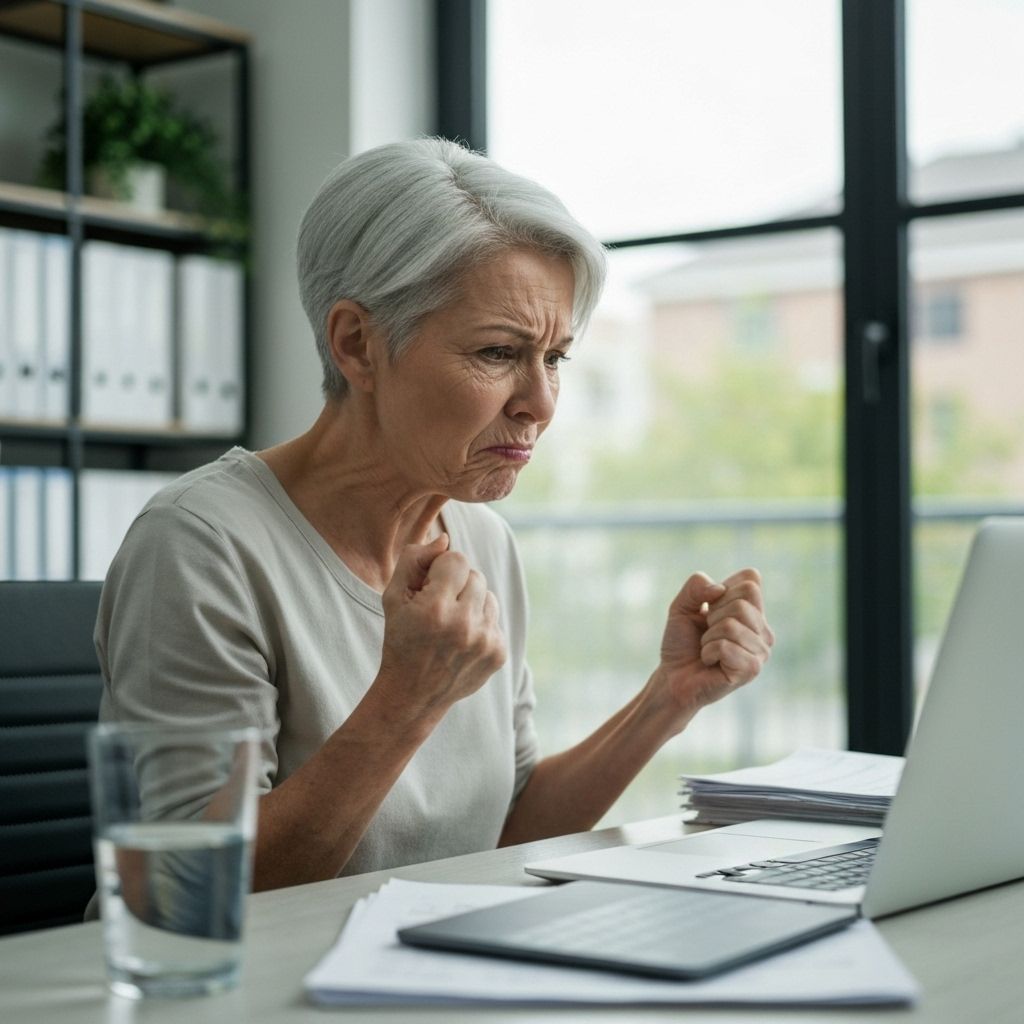 Margaret, 52, looking frustrated while locked out of healthcare portal on her laptop